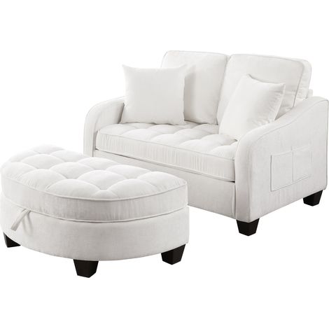 Divano letto 2 in 1 con pouf contenitore in tessuto beige ed eucalipto (1/5)