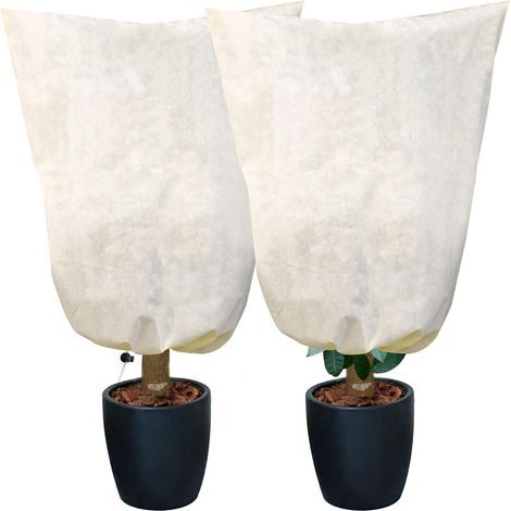 Lot de 2 grandes housses de protection hivernale pour plantes en pot - 80 x 100 cm - Indéchirables et respirantes - Beige - Avec cordon de serrage - Protection contre le gel pour plantes en pot (1/5)