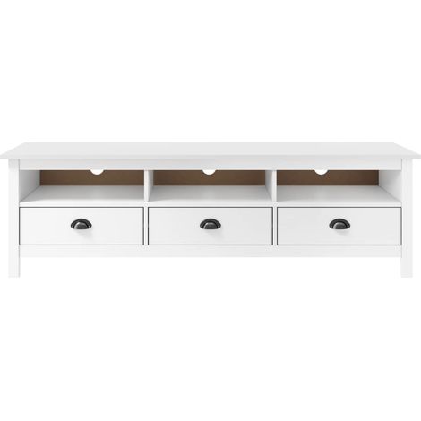 Vidaxl – Meuble TV Hill Range blanc 158x40x47 cm – Bois de pin massif – 3 étagères et 3 tiroirs – Design rétro élégant (1/7)
