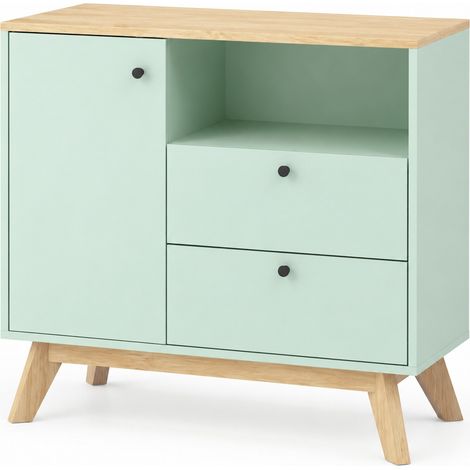 Buffet avec 1 Porte, 2 Tiroirs, Niche Ouverte et Étagère Réglable pour Salon en MDF, Vert Clair, 80 x 35 x 76,3 cm (1/5)