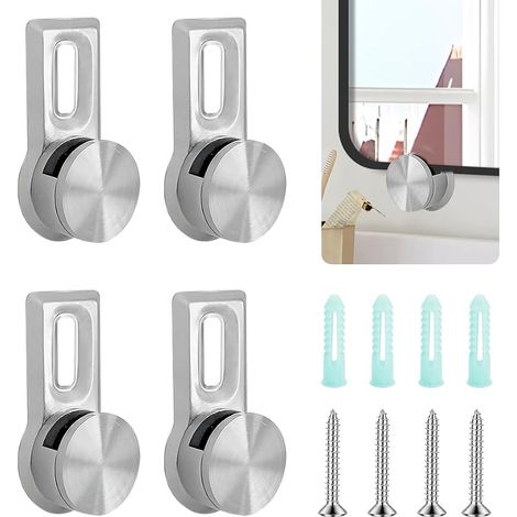 Lot de 4 supports muraux pour miroir en alliage de zinc - Universel - Pour épaisseur de plaque de 4 à 7 mm - Fixation par serrage pour verre acrylique - 4 vis en acier inoxydable et 4 chevilles (1/5)