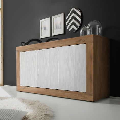 Buffet bas moderne noyer et blanc 3 portes 160cm CALIA 2 (1/5)