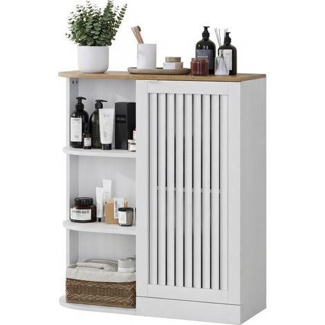 ELVMI Armario Esquinero con 2 Puertas de Rejilla, 3 Huecos y Estante Ajustable para Bano en MDF Blanco y Roble (1/5)