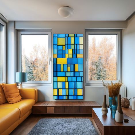Stickers décoratifs électrostatique, classique contemporain, jaune, bleu, effet vitrail, 150 cm X 67,5 cm (1/5)
