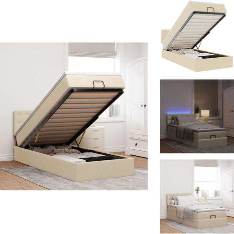 Ottomane Bett mit Matratze & LEDs Creme 90x200 cm Stoff - Ottoman-Bett - Ottoman-Betten - Bett Mit Stauraum - Polsterbett (1/5)