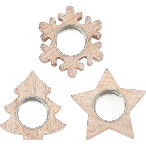 Lot de 3 bougeoirs de Noël en bois, motif sapin, pentagramme et flocon de neige.-9.5x8.5cm-Khaki (1/3)