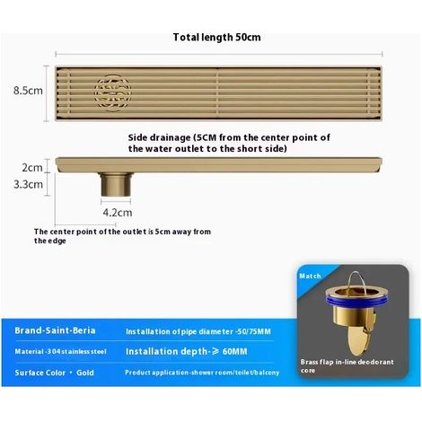 (8.5X50cmB) Golden Bamboo Row High-End Bathroom Shower Floor Drain Six-Proof Grille Extended Linear Stainless Steel Long Floor Drain (1/4)