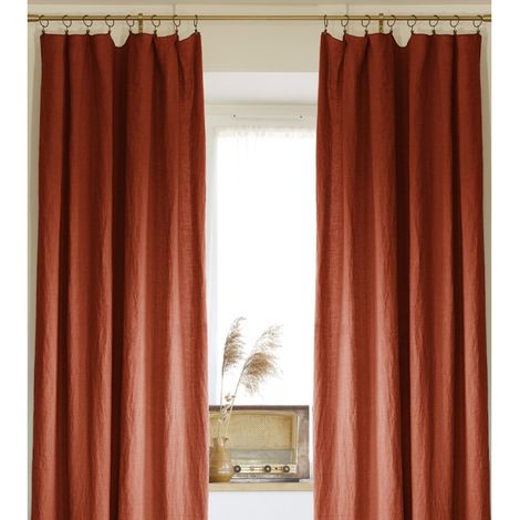 Lot de 2 rideaux ajustables en lin lavé avec 8 anneaux pince 140 x 270 cm Paprika (1/5)