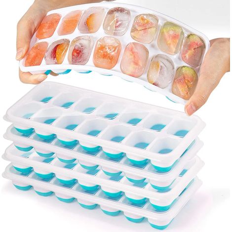 Moule à glaçons en silicone avec couvercle, carré, 14 cubes, démoulage facile (bleu - 2 plateaux de 28 cubes). Idéal pour la cuisine, le bar et la préparation de boissons glacées maison. (1/5)