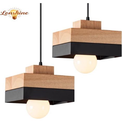 LONSHINE 2PCS Suspension Moderne Carré Abat-jour en Bois et Métal Noir E27 Luminaire Lustre Chambre Éclairage de Plafond pour Salon (1/5)