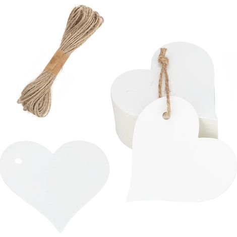 Etiquettes Cadeaux Forme Coeur - Papier Kraft Blanc 300 g/m² - Ficelle Naturelle 1 mm - Pour Mariage Anniversaire Noël - Lot de 100