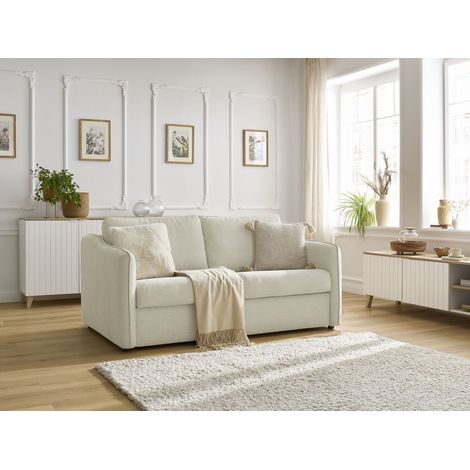 Bobochic – Canapé droit convertible 3 places – Ouverture express 2 plis – Tissu lisse beige – Longueur couchage 195 cm – Largeur couchage 133 cm (1/5)