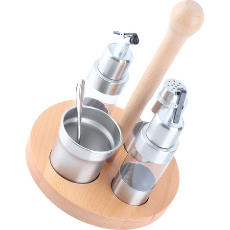 Ensemble rond de cuisine: huilier, poivrier, boîte, pot, support, contenant rangement épices condiments ustensile cuisson (1/5)