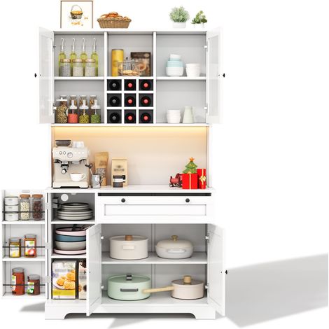 Aparador de cocina con 5 Puertas, 1 Cajón, Baldas Ajustables, LED y Enchufes, en MDF, 105 x 40 x 180 cm, Blanco (1/5)