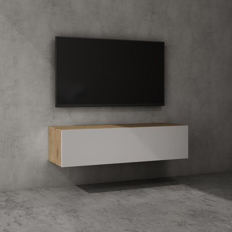 doporro Mobile Porta TV Sospeso 120 cm con 2 Ante Marrone Chiaro e Bianco Opaco, Credenza Bassa da Soggiorno Salotto, Madia Consolle Bicolore per TV Fernsehschrank02