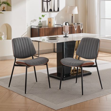 Lot de 2 chaises de salle à manger de style mid-century moderne rétro en similicuir avec dossier en bois courbé noyer, assise rembourrée, pieds métalliques et patins réglables pour cuisine et salle à  (1/5)