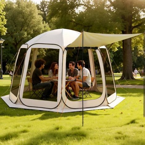 Carpa Plegable con Mosquitera, 3660 x 3380 x 2300 mm, 10-12 Personas, Polígono de 8 Lados, con Toldo Extensible, Bolsa de Transporte, Laterales de Malla, para Actividades al Aire Libre, Beige (1/5)