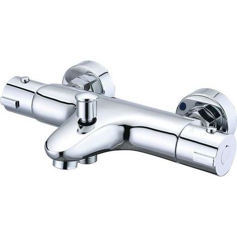 Mitigeur Douche Thermostatique, Mitigeur Baignoire Thermostatique en Laiton, Robinet de Baignoire avec Arrêt de Sécurité à 38°C, Mural Robinet de Douche avec 2 Sorties, Entraxe 150mm, Argent (1/5)