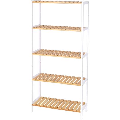 Étagère en Bambou 5 Compartiments 60x26x130 cm, Naturelle/Blanc (1/5)