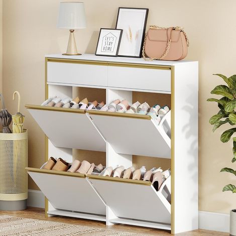 Meuble à chaussures étroit 4 battants – Étagère avec tiroir – Séparateurs réglables – 16 à 24 paires – Blanc-or – Dimensions 100x24x99cm