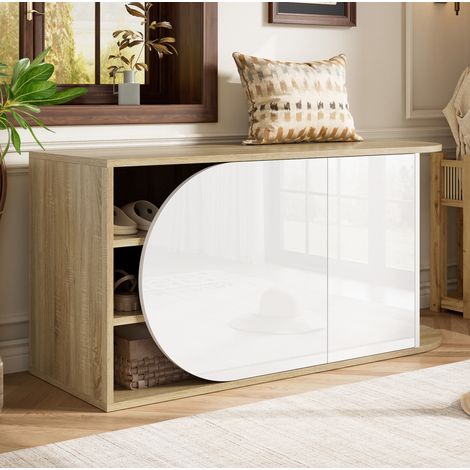 Zapatero banco 104x37x50 cm blanco y natural en tablero de partículas con puertas de alto brillo y apertura a presión (1/5)