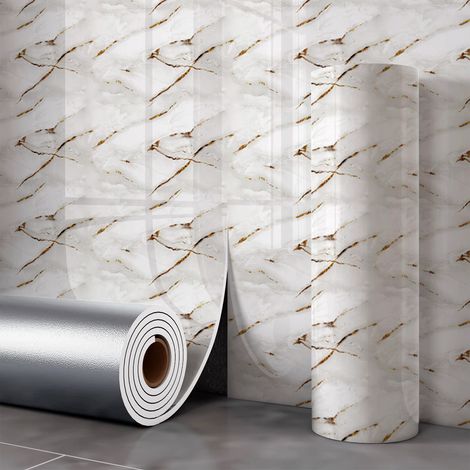 JSSEVN - Rollo de papel pintado autoadhesivo imitación mármol, 2,6 mm de grosor, resistente al aceite e impermeable, diseño "Palacio de las Nubes Doradas". (1/5)