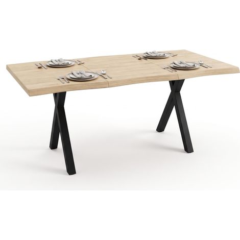 FurnitureR Table à manger 160 x 78 x 77 cm, 6 personnes, plateau MDF 28 mm effet chêne clair, bords ondulés, pieds noirs en X (1/5)