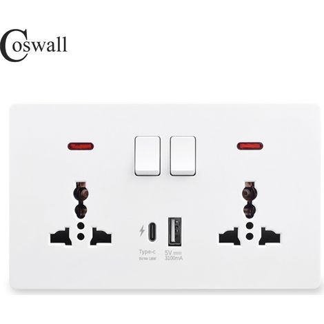 Double Switched Socket with USB-A and Type-C Charging Ports (Output 3.1A), 146PC Wall Outlet, 2 Gang 13 A Electric Power Socket，White (1/3)