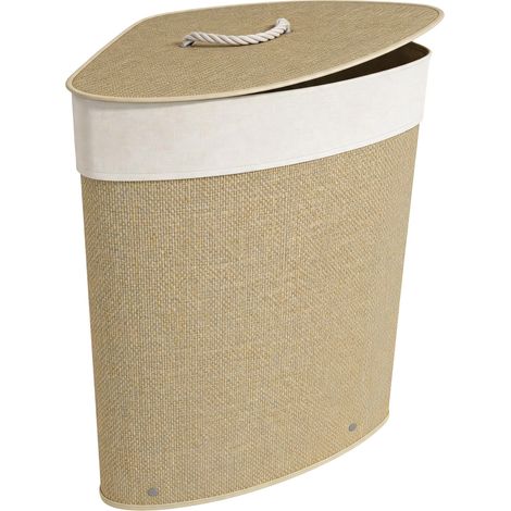 Panier à linge d'angle en bambou tressé, 55 litres, sac en tissu, structure en métal, crème (1/5)
