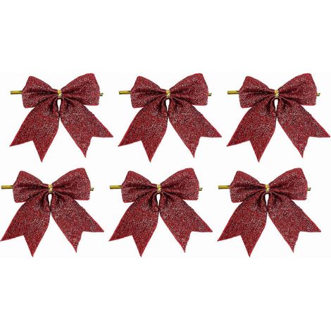 Doré scintillant paillettes Noël nœud décoratif, ruban suspendu, pour le sapin couronne cadeau boîte décoration,Rouge,6pcs (1/5)