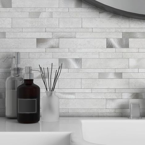 Backsplash mosaïque de carreaux Peel and Stick cuisine pierre métropolitaine linéaire salle de bain douche mur imperméable (10 pièces, gris béton) (1/5)