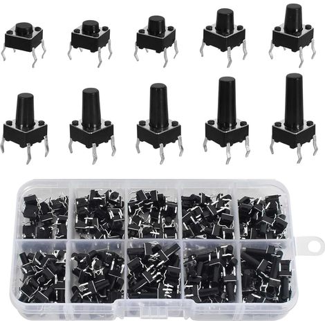 250 Pièce Interrupteurs à bouton-poussoir tactiles,Boutons poussoirs tactiles Micro à 4 broches,Kit d'assortiment d'interrupteurs,bouton-poussoir momentanés(6mmx6mm) (1/5)