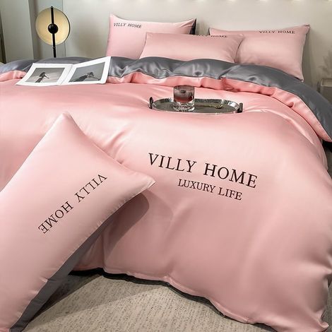 Parure de lit 4 pièces en satin de soie rafraîchissante, lavable en machine, idéale pour l'été - drap plat, housse de couette et taies d'oreiller, parfaite pour nuits sans traversin