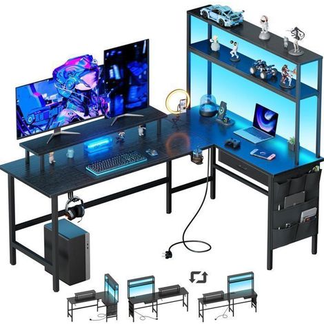 EcoFurnix, 150 x 100cm L-förmiger Gaming-Schreibtisch mit LED, integrierter Steckdose & USB-Anschluss, mit Schublade, Aufbewahrungstasche, Schwarz