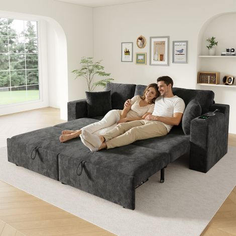 Sofá multifuncional 3 en 1 de 3 plazas con función de cama, estructura metálica extensible, espacio de almacenamiento, reposabrazos con estante integrado y puerto de carga USB, color gris. (1/5)