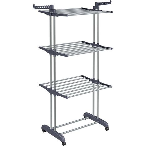 Séchoir à linge mobile pliable intérieur extérieur 64 x 126 x 172 cm grande capacité 4 niveaux en acier gris (1/2)