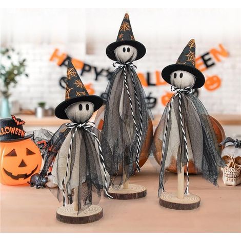 Decorazioni di Halloween a tema fantasma - Set da 3 pezzi - Decorazione di Halloween in legno con cappuccio da mago - Bambola fantasma in tessuto con motivo a ragnatela (1/5)
