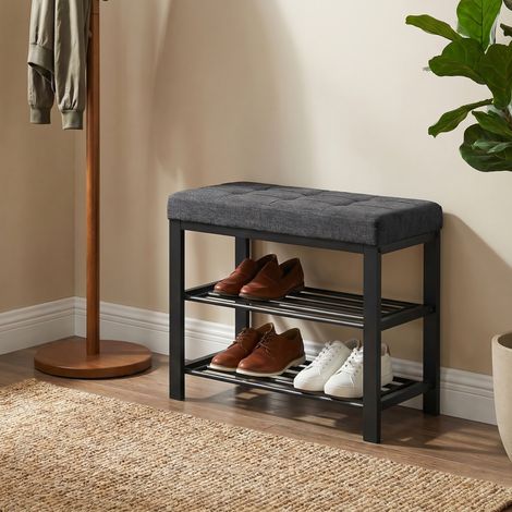 Banc à Chaussures d'Entrée avec Siège Rembourré et Étagère à 3 Niveaux, 60 x 31 x 50,3 cm, Gris et Noir (1/5)