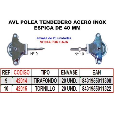 Polea de Tendederos AVL 9 Inox M 40mm Roldana Metal con Tirafondo HR09GS (1/2)