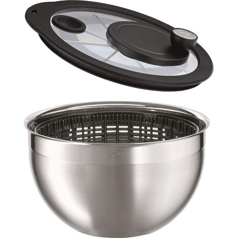 RÖSLE Centrifuga per Insalata, Centrifuga con Coperchio in Vetro e Azionamento a Manovella, Moltiplica 4:1, Acciaio Inossidabile 18/10, lucido/opaco, Ciotola Lavabile in Lavastoviglie, Diametro 24 cm (1/5)