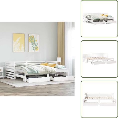 Tagesbett mit Schubladen Weiß 90x200 cm Kiefernholz - Ausziehbares Tagesbett - Ausziehbare Tagesbetten - Bett - Betten
