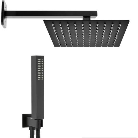 Set doccia soffione quadrato 30x30cm in acciaio inox braccio 30cm e doccino completo nero opaco