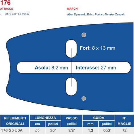 Barra motosega 50 cm - 20" passo 3/8", spessore 1.3 mm - .050" attacco 176, 72 maglie 451770