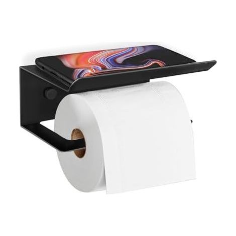 Porte Papier Toilette Noir sans Perçage, Montage Mural Auto-Adhésif, Support Papier Toilette en Acier Inoxydable avec Étagère, Accessoire WC Moderne pour Salle de Bain (1/5)