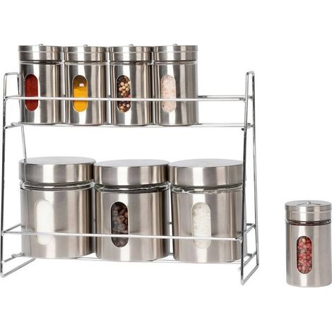 Trade Shop - Set 8 Pezzi Barattoli Portaspezie In Vetro Acciaio Inox Con Stand Cucina - (1/2)