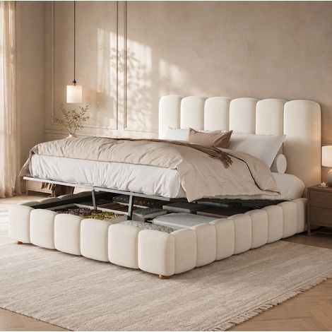Letto contenitore matrimoniale 140x190 cm in velluto beige con rete a doghe - CHICFURN (1/5)