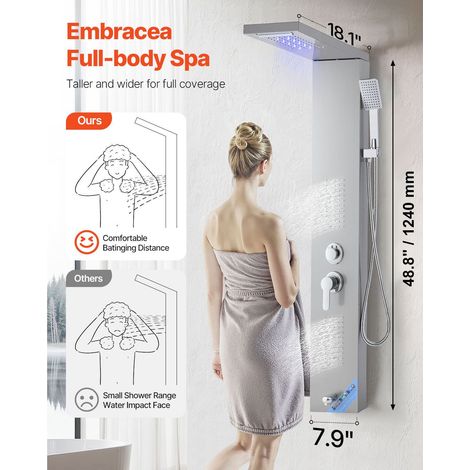 Colonne de douche 5 en 1 murale en acier inoxydable brossé 135 cm, tête pluie et cascade LED, mitigeur 5 fonctions, massage, douchette à main et robinet bain (1/5)