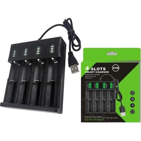 Chargeur intelligent USB multi-batteries pour cellules Li-ion 21700 14500 16340 10440 18500 26650 avec boîtier en ABS et signaux d'achèvement de charge double LED (4 emplacements) (1/5)