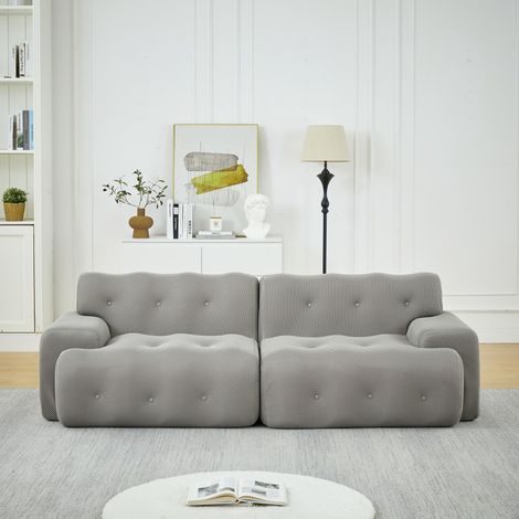 Canapé Cloud, deux places surdimensionnées – larges accoudoirs et design moderne avec détails capitonnés. Canapé incurvé, idéal pour les salons et les appartements. Livré monté. Gris. (1/5)