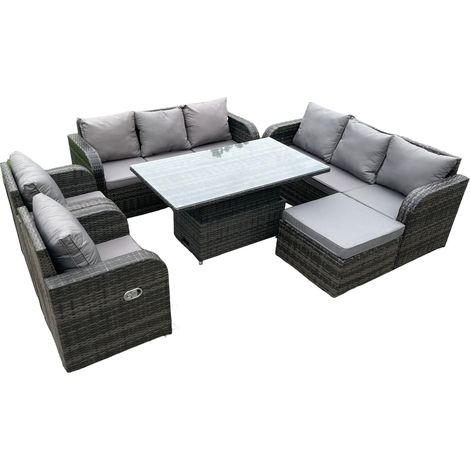 Fimous 9 personnes en rotin PE ensemble salon de jardin extérieur hauteur réglable table à manger canapé ensemble avec chaise longue table d'appoint gris foncé mix (1/5)